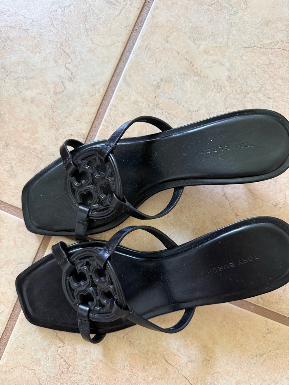 Tory Burch Black Leather Logo Thong Sandals